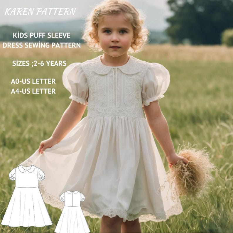 Puff Sleeve Circle Children's Dress Sewing Pattern, Puff Sleeve Girl's Dress Model, Girl's Dress Sewing Pattern, A4 A0 US,2-16 years