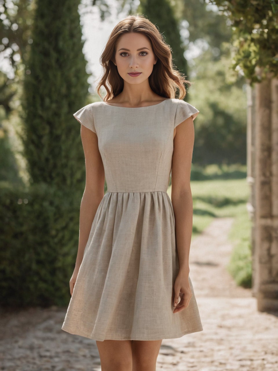 Gathered Linen Mini Dress Sewing Pattern, Boat Neck (Digital Download)
