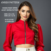 Women Front Zipper Jacket Sewing Pattern, Long Sleeve Crop Top, Crop Tee Pattern, Crop Blouse Top, Zipper Jacket,Puff Sleeve Crop Top,XS-4XL