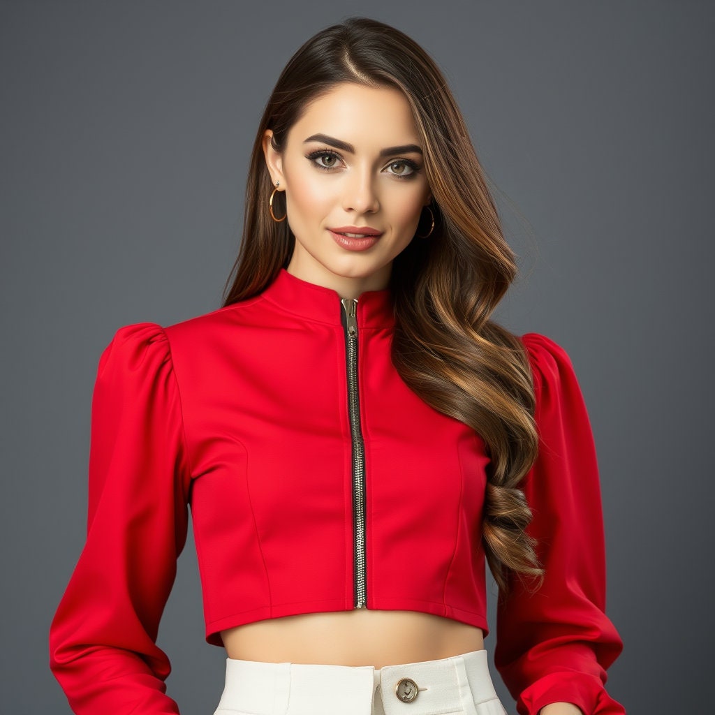 Women Front Zipper Jacket Sewing Pattern, Long Sleeve Crop Top, Crop Tee Pattern, Crop Blouse Top, Zipper Jacket,Puff Sleeve Crop Top,XS-4XL