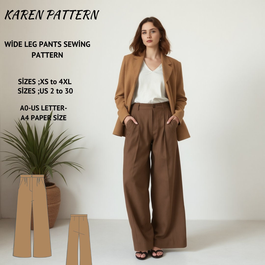 Wide Leg Trousers Sewing Pattern:Women's Pants (XS-4XL) (PDF Pattern)