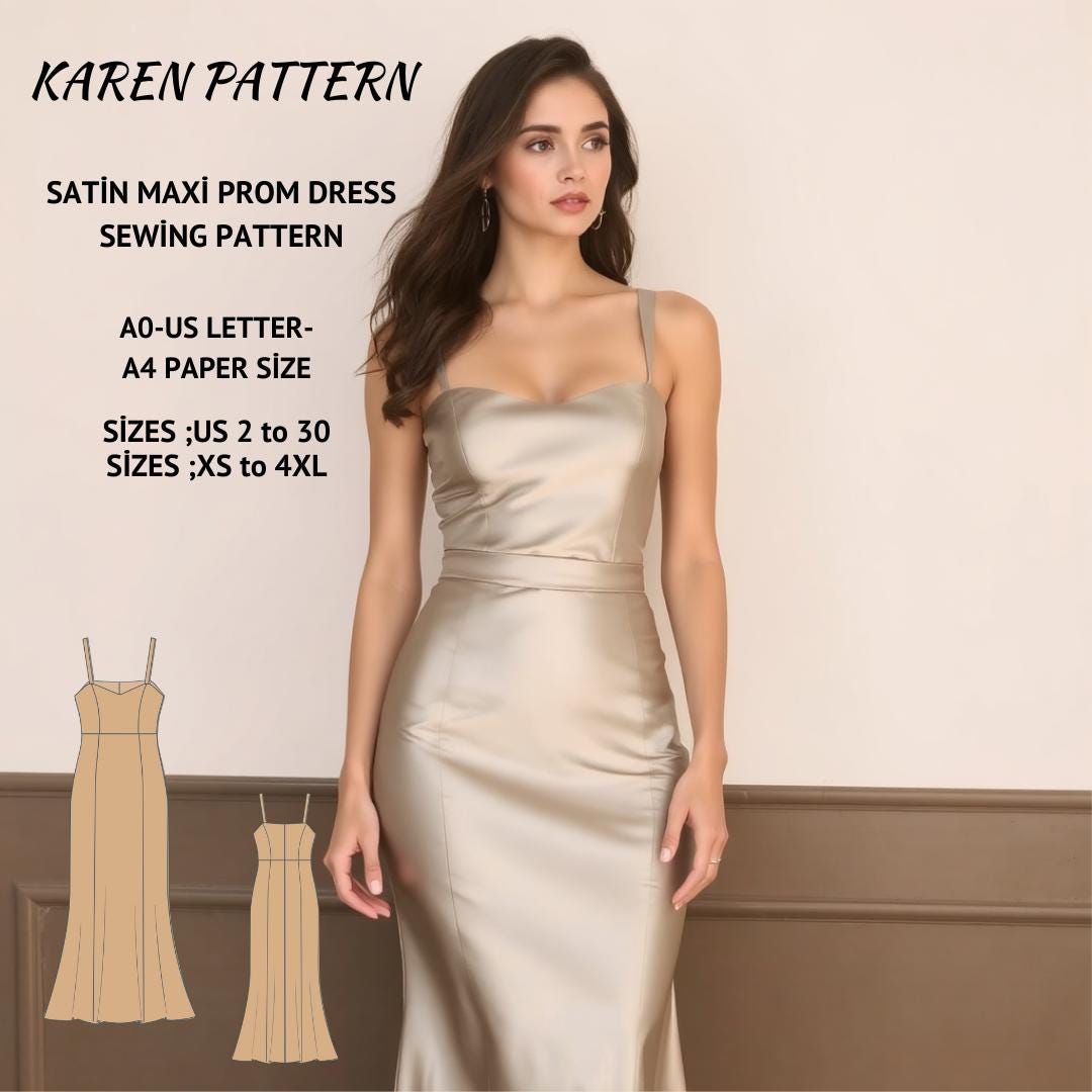 Satin Prom Maxi Dress Sewing Pattern:US 2-30, XS-4XL (Digital Download)