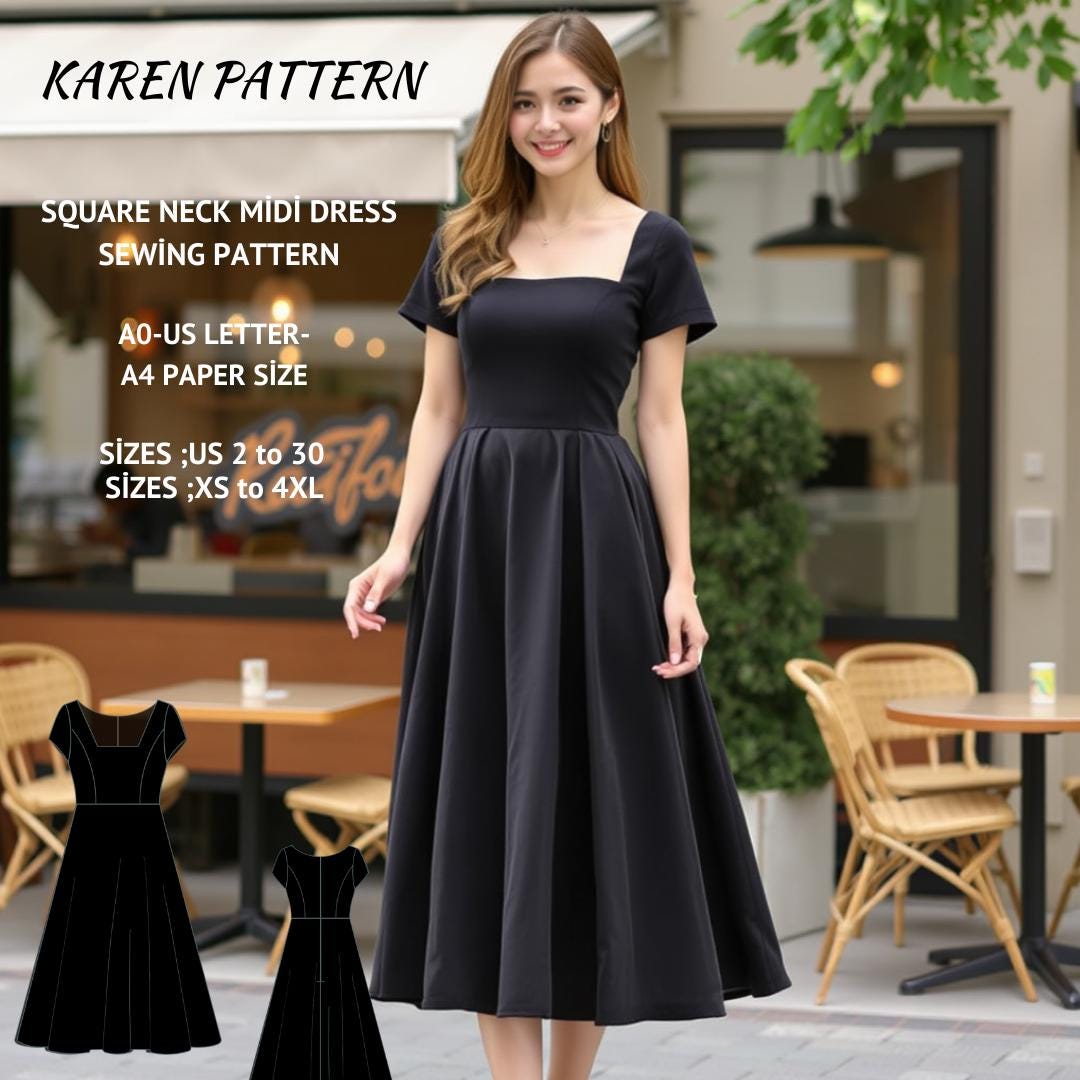 Square Neck Midi Dress Sewing Pattern, Easy Circle Dress (PDF)
