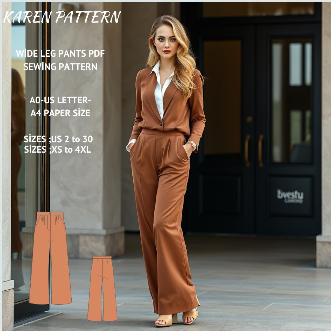 Wide Leg Pleated Trousers Sewing Pattern:US Size 2-30 (PDF Pattern)