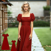 Vintage Square Neck Maxi Dress Sewing Pattern (PDF) XS-4XL