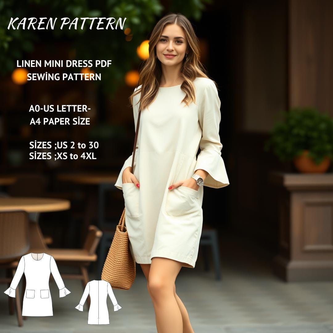 Linen Pinafore Mini Dress Sewing Pattern,Linen Mini Dress,Shift Dress,Apron Pattern,Sundress with Pockets,A4-US Letter A0 XS/4XL