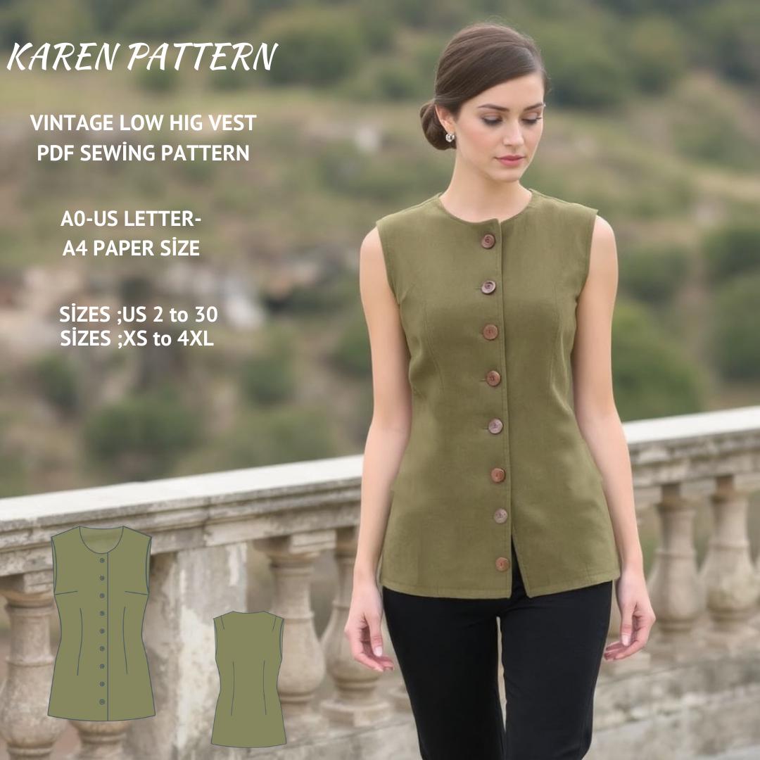 Vintage Women's Vest Sewing Pattern:Round Neck, Low Hig (PDF Pattern)
