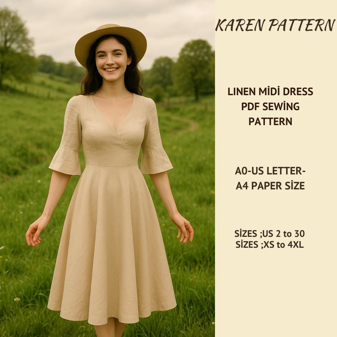 Linen Surplice Midi Dress Sewing Pattern:Plus Size XS-4XL (PDF Pattern)
