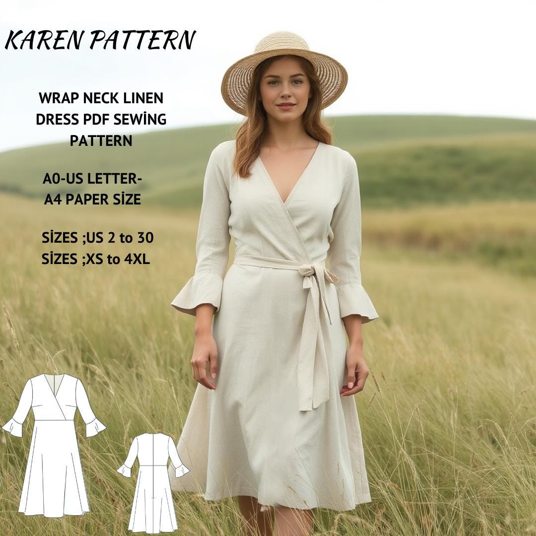 Linen Wrap Dress Sewing Pattern:Plus Size XS-4XL (PDF Pattern)