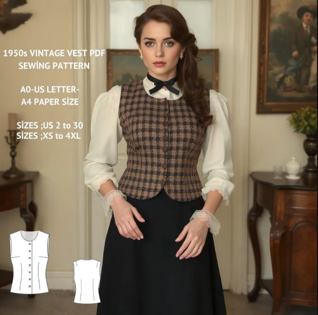1950's Vintage Women's Vest Sewing Pattern: Round Neck (A0 A4-US Letter) (PDF Pattern)