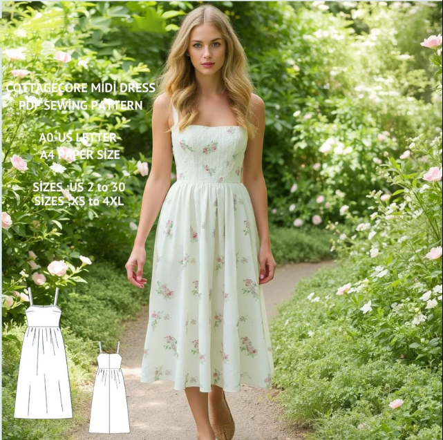 Cottagecore Midi Dress Pattern:Floral Strappy Design (A0-A4-Letter Sizes) (PDF Pattern)