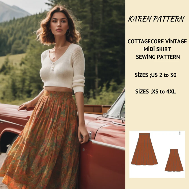 Cottagecore Midi Skirt Sewing Pattern:Vintage Full Circle (US 2-30) (Digital Download)