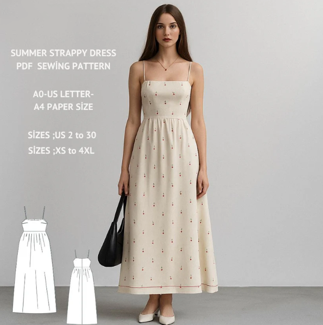 Floral Strappy Dress Pattern: Cottagecore Tea Length (A0-A4-Letter Sizes, US 2-30) (PDF Pattern)