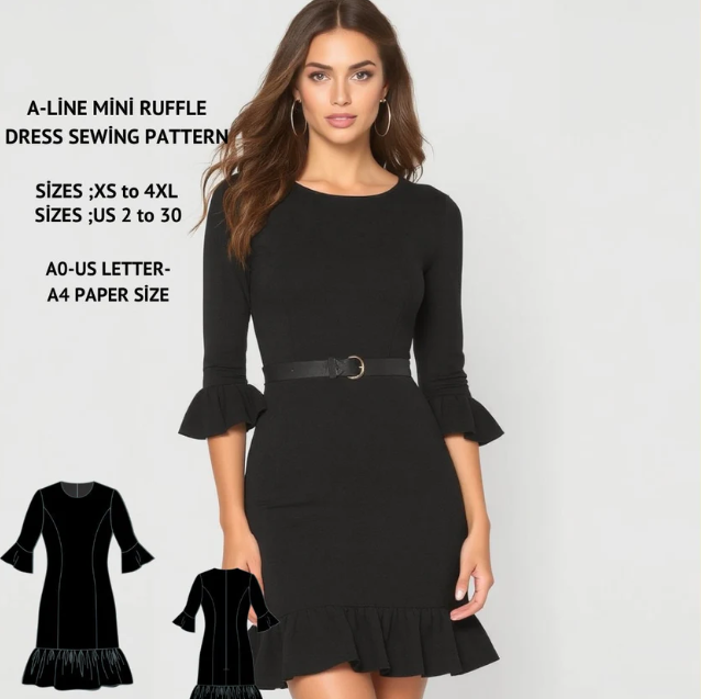 A-Line Mini Ruffle Dress Sewing Pattern:Evening Flounce Dress (US 2-30 &amp; XS-4XL) (Digital Download)