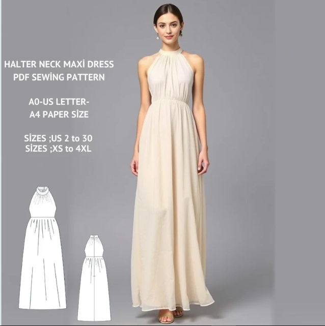 Halter Neck Maxi Dress Sewing Pattern: Tulle Chiffon Sundress (XS-4XL) (Digital Download)