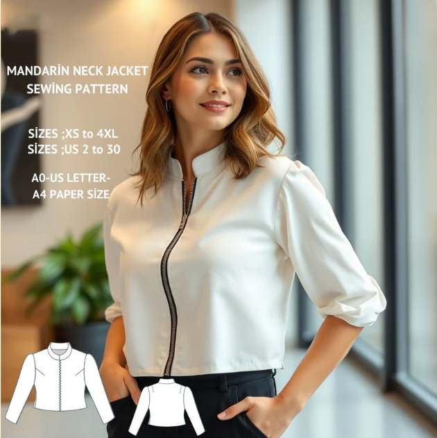 Mandarin Neck Front Zipper Jacket Sewing Pattern,Long Sleeve Crop Top,Women's Jacket,Zipper Jacket,Puff Sleeve Crop Top,XS-4XL
