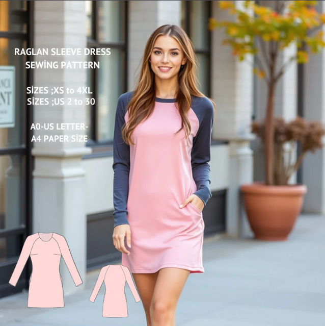 Raglan Sleeve Dress Sewing Pattern:XS-4XL (Digital Download)