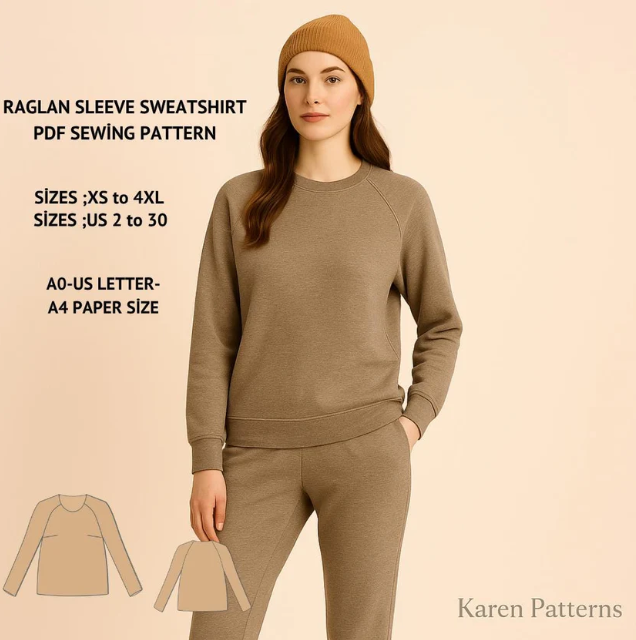 Raglan Sleeve Sweatshirt Sewing Pattern:Women's XS-4XL (PDF Pattern)