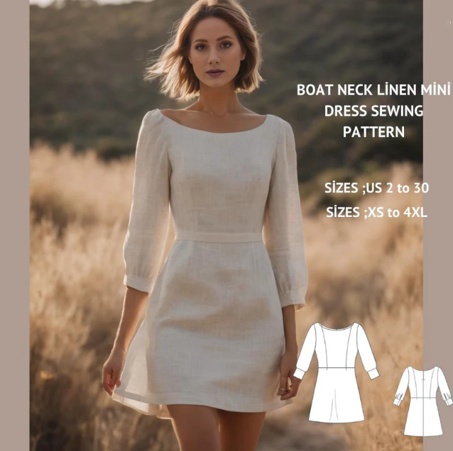 Boat Neck Linen Mini Dress Sewing Pattern (US 2-30, XS-4XL)(Digital Download)